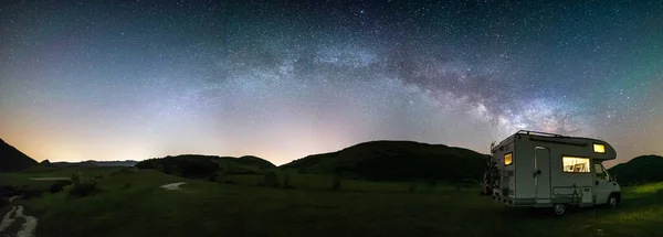 Panoramic Night Sky Montelago Highlands Marche Italy Milky Way Galaxy — Foto de Stock