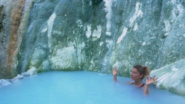Slow Motion Mature Woman Taking Bath Geothermal Pool Hot Spring — Stock Video