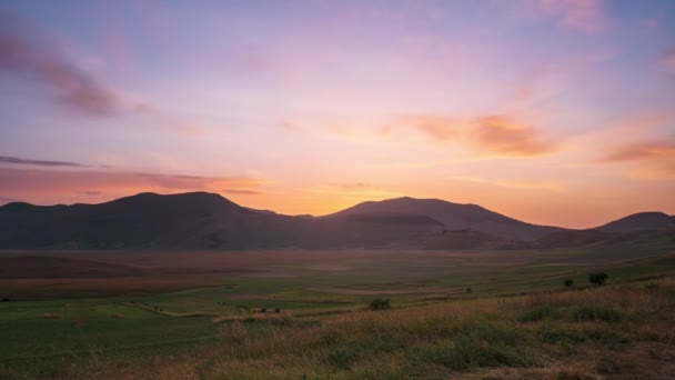 Time Lapse Zonsondergang Boven Castelluccio Norcia Hooglanden Italië Het Dorp — Stockvideo