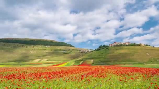 Час Проходження Хмари Рухаються Над Нагір Castelluccio Norcia Італія Село — стокове відео