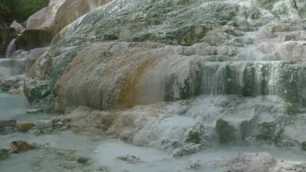 トスカーナ イタリアの地熱プールと温泉 人がいない午前中にBagniサンフィリッポ自然熱滝 森の中のホエール — ストック動画