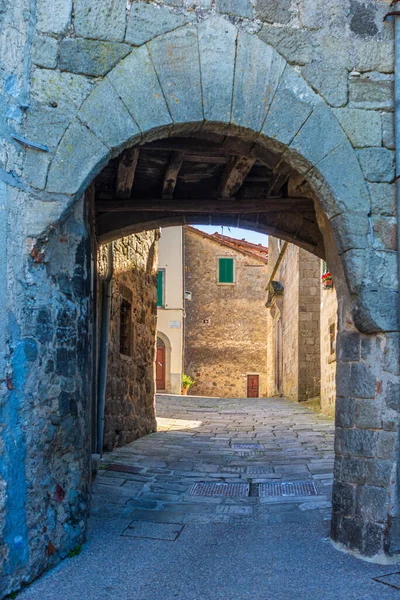 Detalhes Vila Medieval Italiana Arco Pedra Histórico Portão Antigo Arquitetura — Fotografia de Stock