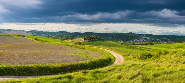 Paisaje Verde Único Toscana Italia Dramático Cielo Atardecer Camino Tierra — Foto de Stock