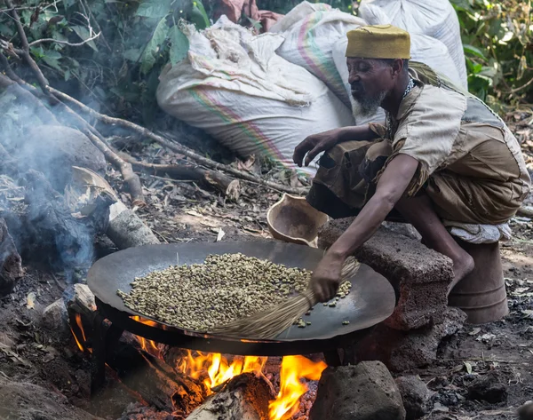 Chicchi di caffè tostatura in modo etiope Fotografia Stock