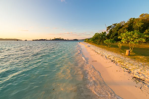 Golden sunrise on desert exotic beach — 스톡 사진