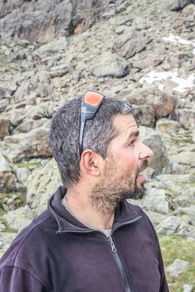 Portrait of tired hiker on the mountains — Stock Photo, Image