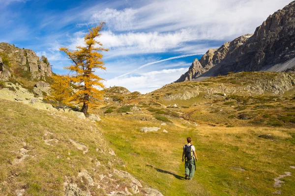 Turistika v Alpách, barevný podzim — Stock fotografie