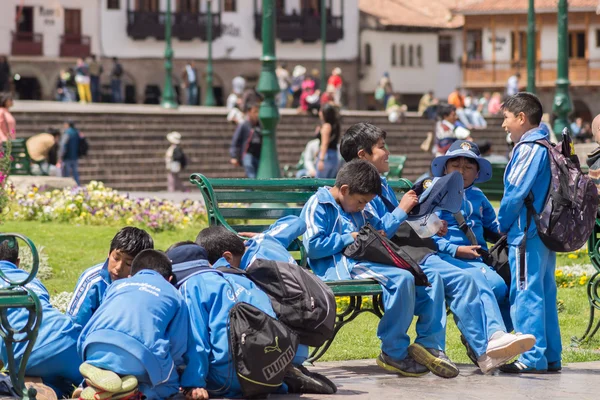 School children playing outdoors in Cusco, Peru