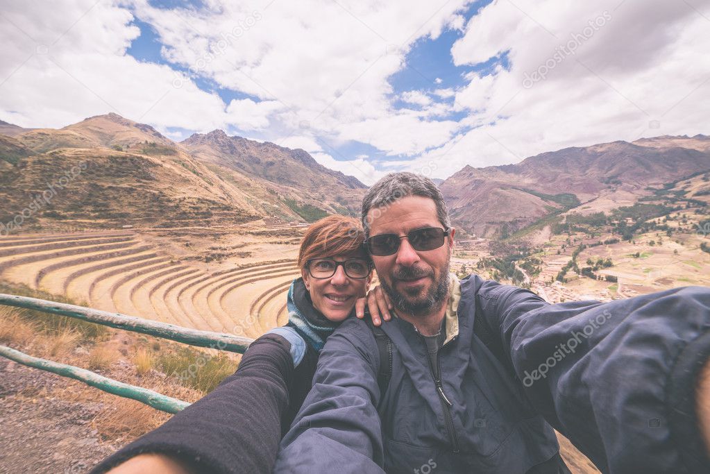 Traveler taking selfie in the Inca's Sacred Valley, Peru