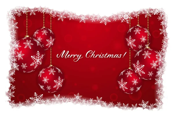 輝く雪のフレーク ボールと雪とクリスマスの背景 現実的なボールと赤の背景にメリークリスマスカードイラスト — ストックベクタ