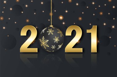 Parlak kar taneleri, top ve rakamlar 2021 ile Noel arkaplanı. Gerçekçi top ile siyah arkaplan üzerine Mutlu Noeller kartı illüstrasyonu