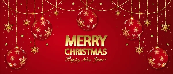 輝く金の雪の結晶 星とボールとクリスマスの背景 赤い背景のメリークリスマスカードイラスト — ストックベクタ