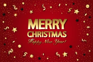 Parlayan altın yıldızlı ve konfetili Noel arkaplanı. Kırmızı arkaplanda Mutlu Noeller kartı çizimleri