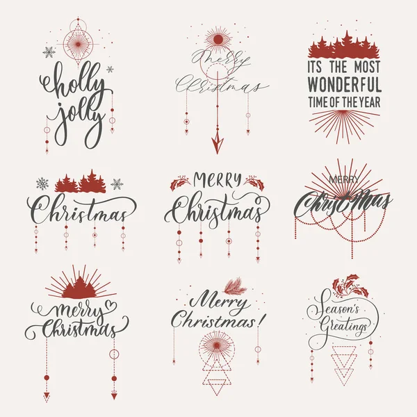 Feliz Navidad Inscripciones Etiquetas Letras Mano — Vector de stock