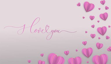 I love you hand drawn calligraphy inscription.Valentine's Day background with pink paper hearts. Packaging design for sweets, gift certificates, paper, clothes. clipart