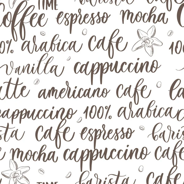 Set Caffè Disegnato Mano Iscrizione Sfondo Modello Senza Soluzione Continuità — Vettoriale Stock