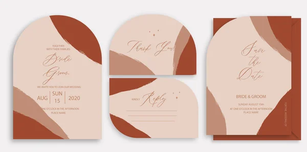 Moderne Hochzeitseinladung Gebrannte Orange Hochzeitseinladungsschablone Bogenform Mit Pinselstrich Und Handgemachter — Stockvektor
