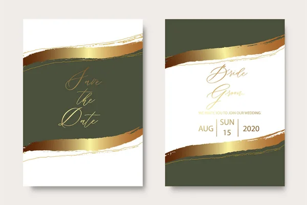Casamento Cartão Convite Verde Com Design Escova Luxo Ouro Caligrafia —  Vetores de Stock