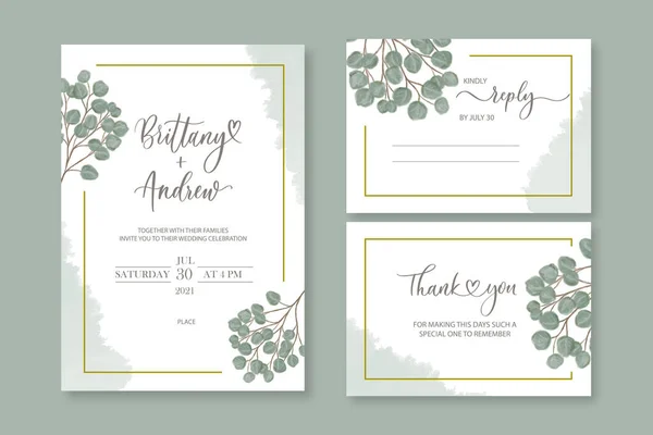 Hochzeitsvektor Blumeneinladung Danke Antworte Aquarell Design Set Eukalyptusgrüne Blätter Elegantes — Stockvektor