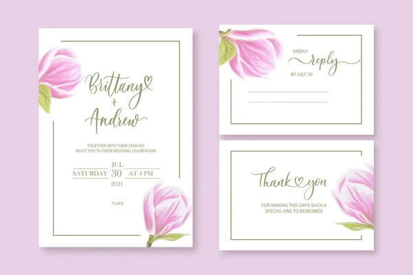 Hochzeitsvektor Blumen Laden Einladung Danke Antworten Aquarell Design Set Magnolie — Stockvektor