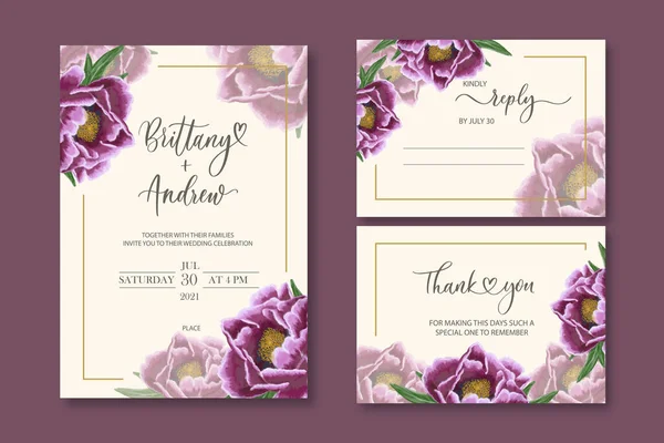 Hochzeitsvektor Blumen Laden Einladung Danke Antworten Aquarell Design Set Pfingstrose — Stockvektor