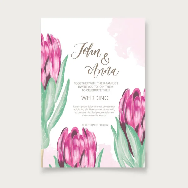 Florale Hochzeitseinladungskarte Vorlage Design Mit Aquarell Protea Blumen — Stockvektor