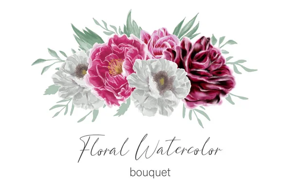 Buquê Aquarela Floral Com Rosa Peônia Folhas Verdes — Vetor de Stock