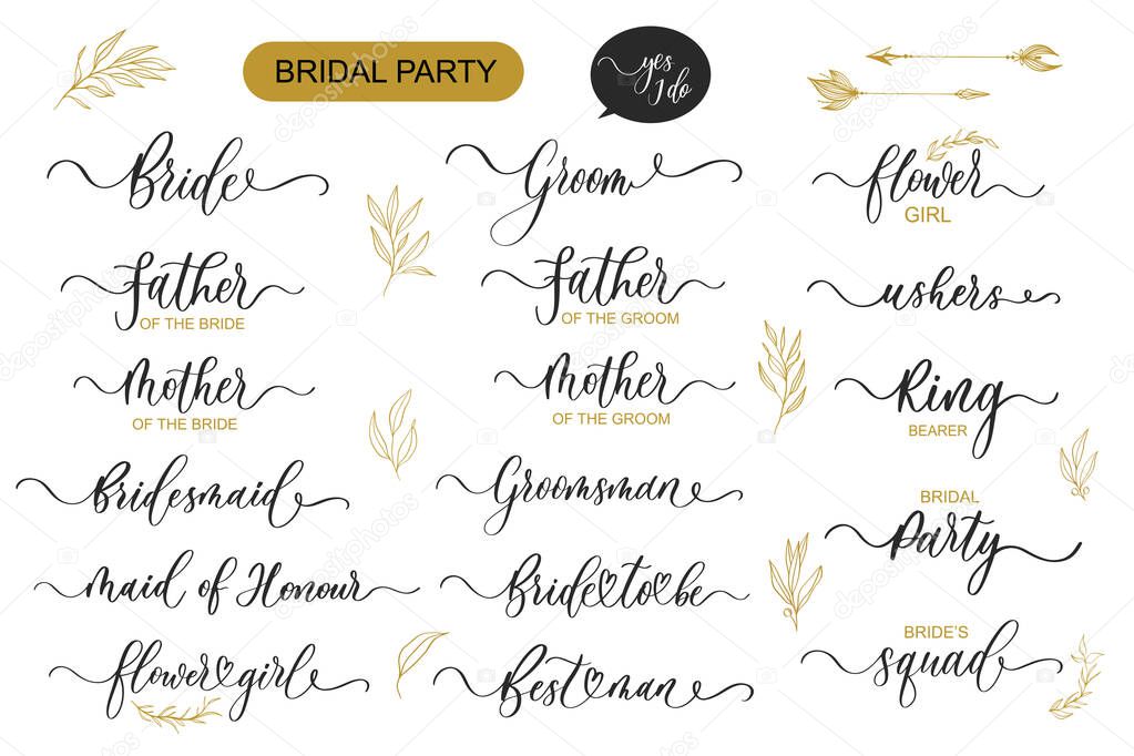 Set of Bridal Party lettering. Wavy elegant calligraphy spelling for decoration on bridal shower and wedding