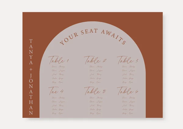Modèle de carte de sièges de mariage Boho cintré, plan de sièges en terre cuite et orange brûlé. — Image vectorielle