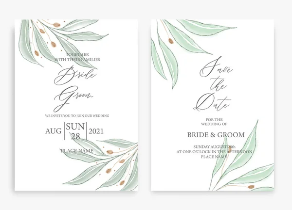 Floral wedding investment κάρτα πρότυπο σχεδιασμό, με πράσινα φύλλα. Θέμα εποχής ζυμαρικών. — Διανυσματικό Αρχείο