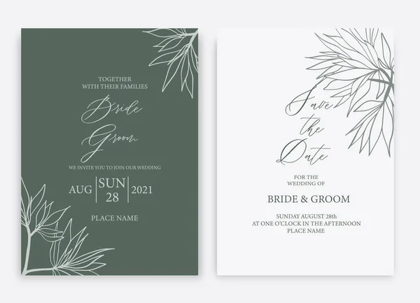 Floral wedding investment κάρτα πρότυπο σχεδιασμό, με πράσινα φύλλα. Θέμα εποχής ζυμαρικών. — Διανυσματικό Αρχείο
