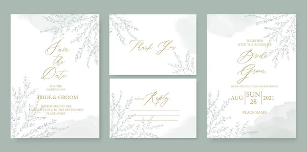 Modern düğün davetiye şablonu, suluboya lekeler, yeşil brunchlar, ve el yapımı kaligrafi