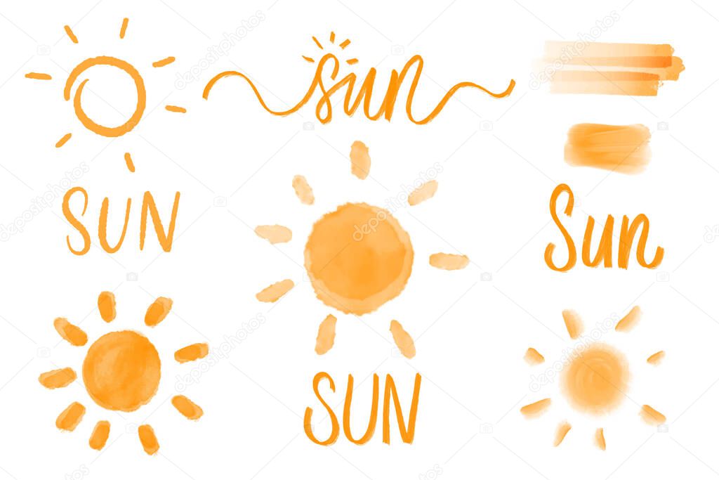 Sun Vector set of different isolated, hand drawn illustration, logo and calligraphy inscription
