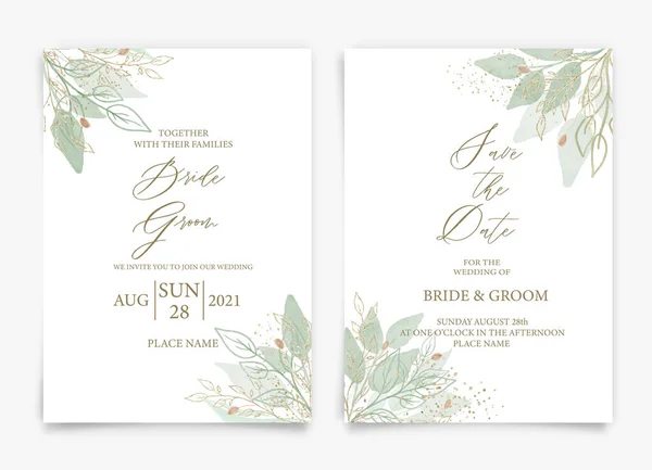 Bruiloft Uitnodiging Kaart Met Elegant Groen Aquarel Bladeren Stijl Collectie — Stockvector