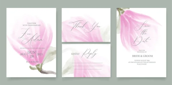 Plantilla Invitación Boda Con Magnolia Rosa Acuarela Caligrafía Hecha Mano — Archivo Imágenes Vectoriales