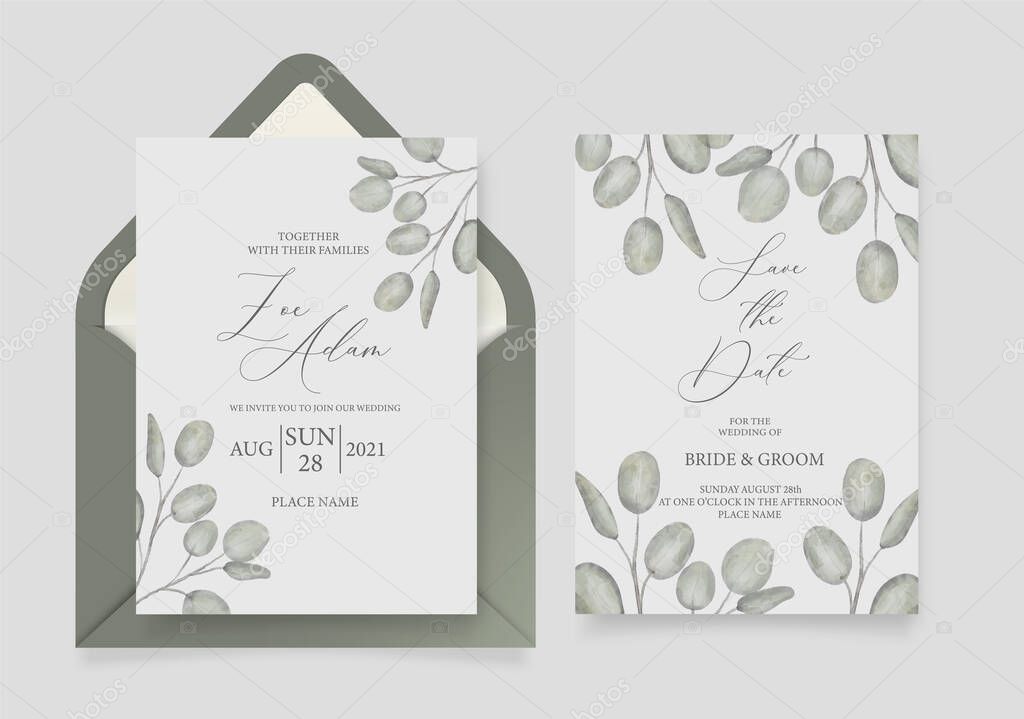 Wedding invitation card template, with watercolor eucalyptus, green leaves, brunches, and handmade calligraphy