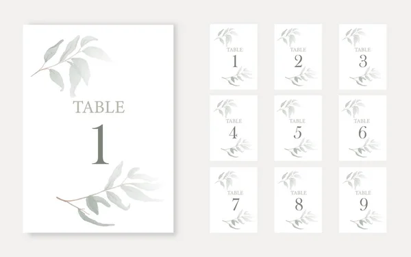 Modèle Numéro Table Mariage Avec Des Feuilles Vert Aquarelle — Image vectorielle