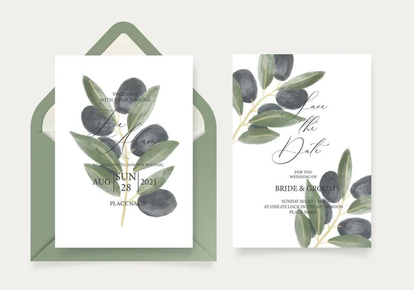 Modello di biglietto d'invito al matrimonio, con ramo d'ulivo ad acquerello, foglie verdi, brunch e calligrafia artigianale. — Vettoriale Stock