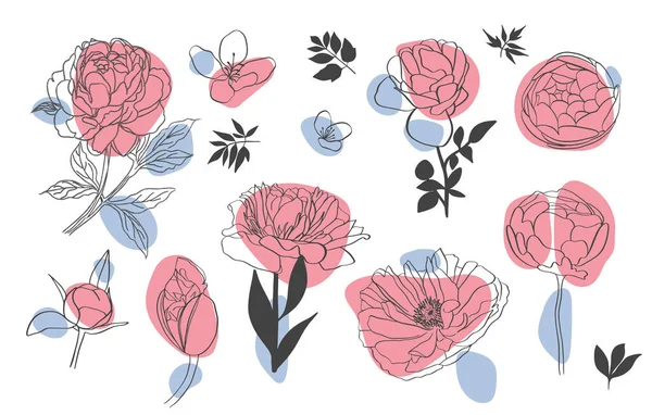 Συλλογή σχεδίων λουλουδιών με γραμμική τέχνη σε λευκό φόντο. Εικονογράφηση διανυσματικών χεριών. — Διανυσματικό Αρχείο