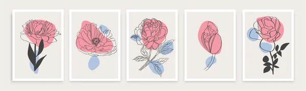 Raccolta di disegni di fiori con arte lineare. Illustrazione vettoriale mano. — Vettoriale Stock