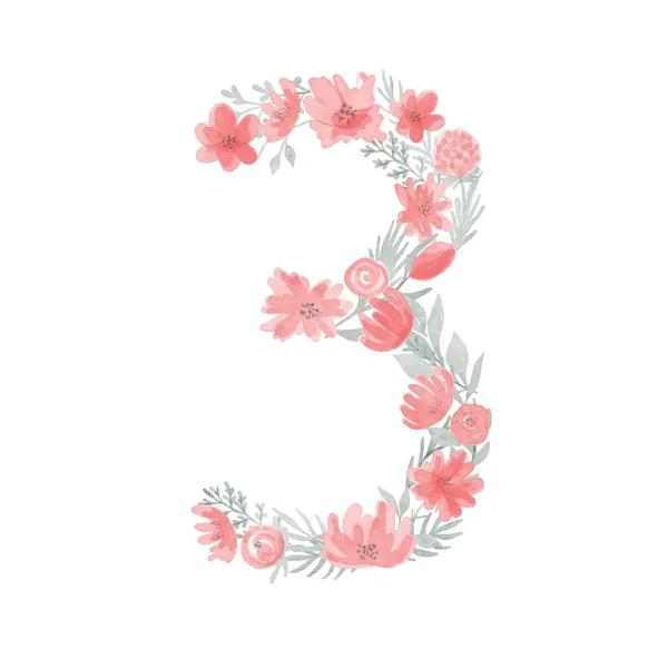 Floral Watercolor Number Number Three Made Flowers Number Monogram — Stock Vector