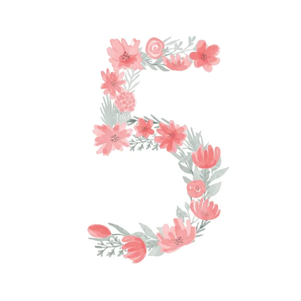 Aquarelle Florale Numéro Numéro Cinq Faite Fleurs Monogramme Numérique — Image vectorielle