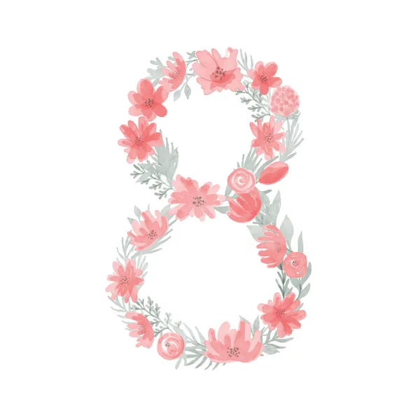Acuarela Floral Número Número Ocho Hecho Flores Número Monograma — Vector de stock
