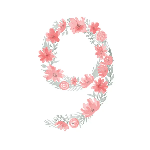 Floral Υδατογραφία Αριθμός Αριθμός Εννέα Από Λουλούδια Μονογράφημα Αριθμού — Διανυσματικό Αρχείο