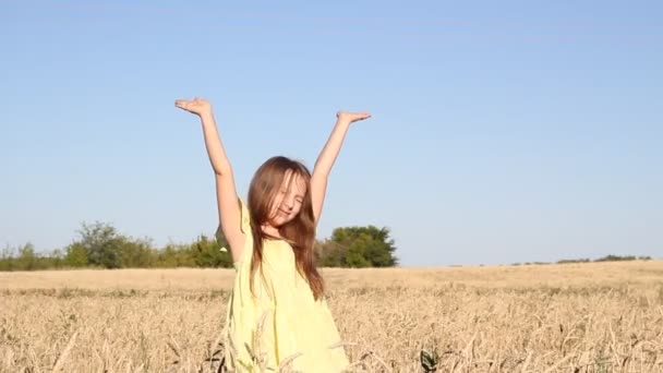 Une fille aux cheveux blonds en robe jaune marche dans un champ de blé — Video