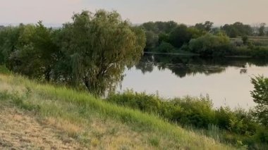 Yazın akşam manzarası, gün batımında nehir kenarında.