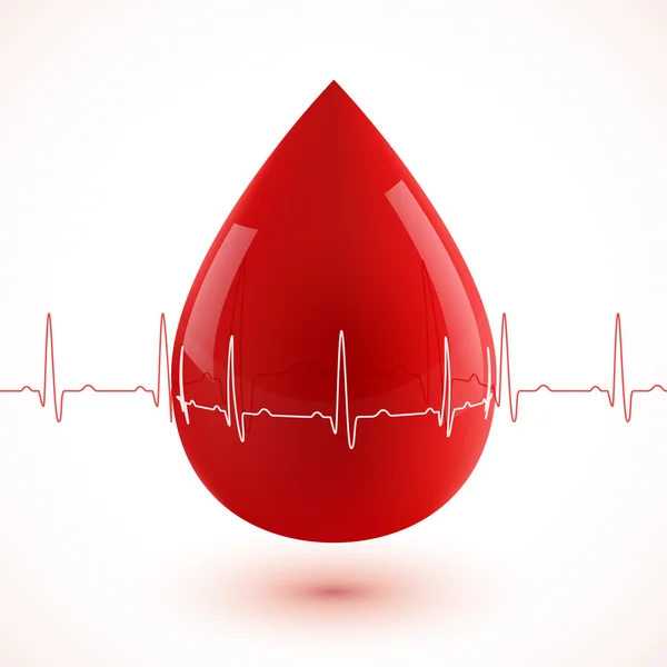 Červený lesklý 3d vektorové kapka krve s kardiogram — Stockový vektor