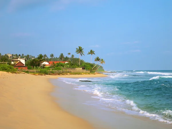 Pantai tropis berpasir kosong dengan bangunan resor, Kamburugamuwa, Sri Lanka — Stok Foto