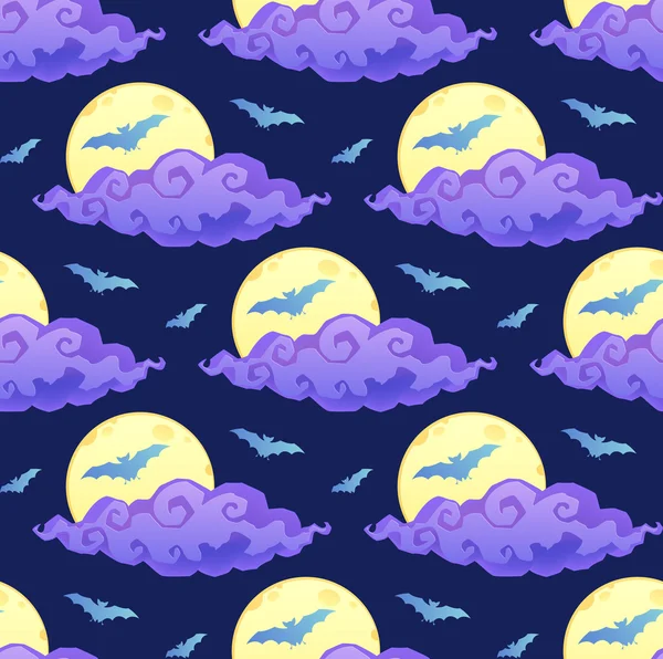 Violette Wolken, gelber Mond und blaue Fledermaussilhouetten auf dunklem Hintergrund Vektor-halloween nahtloses Muster — Stockvektor