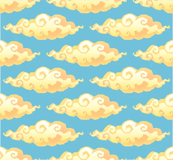 Yellow curly cartoon style clouds on blue background vector seamless pattern — Stock Vector